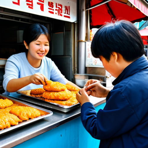 Home 22 "Sanyang-gari Street Food Memories"**
A vibrant street food stall scene, displaying "Sanyang-gari," the Korean sweet and spicy fried dough snack, fully clothed customers happily buying and eating, safe for work, appropriate content, modest clothing, family-friendly, perfect anatomy, correct proportions, natural pose, well-formed hands, proper finger count, natural body proportions, sunny daylight, high-resolution photograph, professional.
**