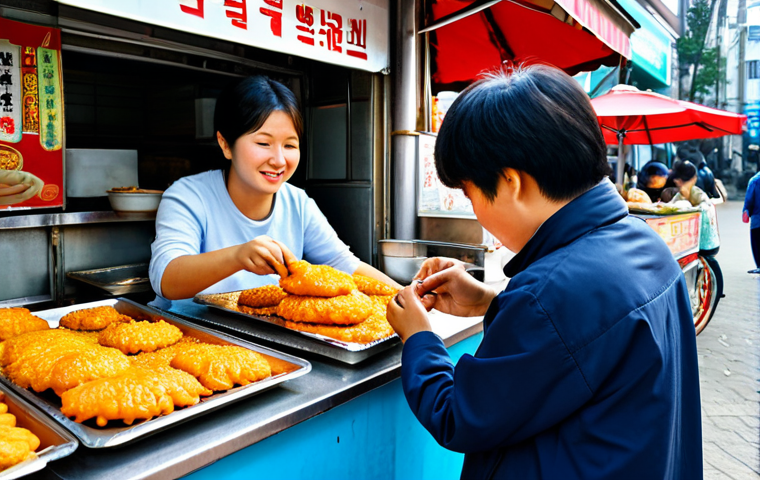 "Sanyang-gari Street Food Memories"**
A vibrant street food stall scene, displaying "Sanyang-gari," the Korean sweet and spicy fried dough snack, fully clothed customers happily buying and eating, safe for work, appropriate content, modest clothing, family-friendly, perfect anatomy, correct proportions, natural pose, well-formed hands, proper finger count, natural body proportions, sunny daylight, high-resolution photograph, professional.
**