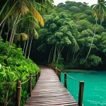 파나마의 지역별 기후 - **Lush Caribbean Coast of Bocas del Toro**
"A vibrant, eye-level shot capturing the dense tropic...