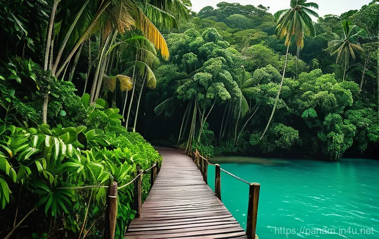 파나마의 지역별 기후 - **Lush Caribbean Coast of Bocas del Toro**
"A vibrant, eye-level shot capturing the dense tropic...
