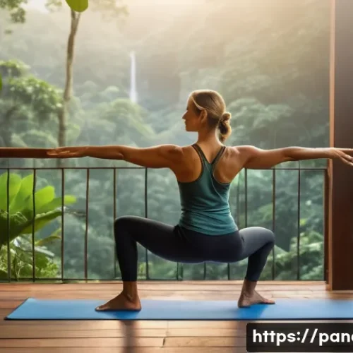 Home 8 파나마에서의 웰니스 및 스파 여행 - A serene, middle-aged woman in comfortable yoga attire practices a gentle yoga pose on a wooden deck...