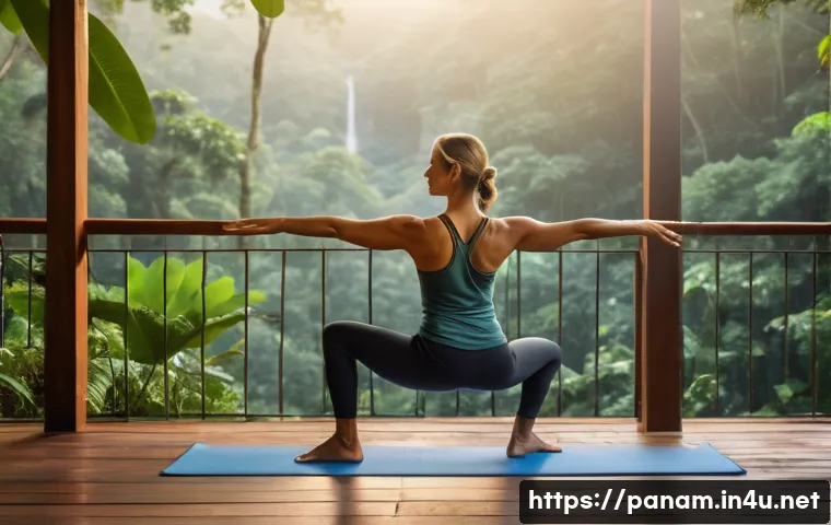 파나마에서의 웰니스 및 스파 여행 - A serene, middle-aged woman in comfortable yoga attire practices a gentle yoga pose on a wooden deck...